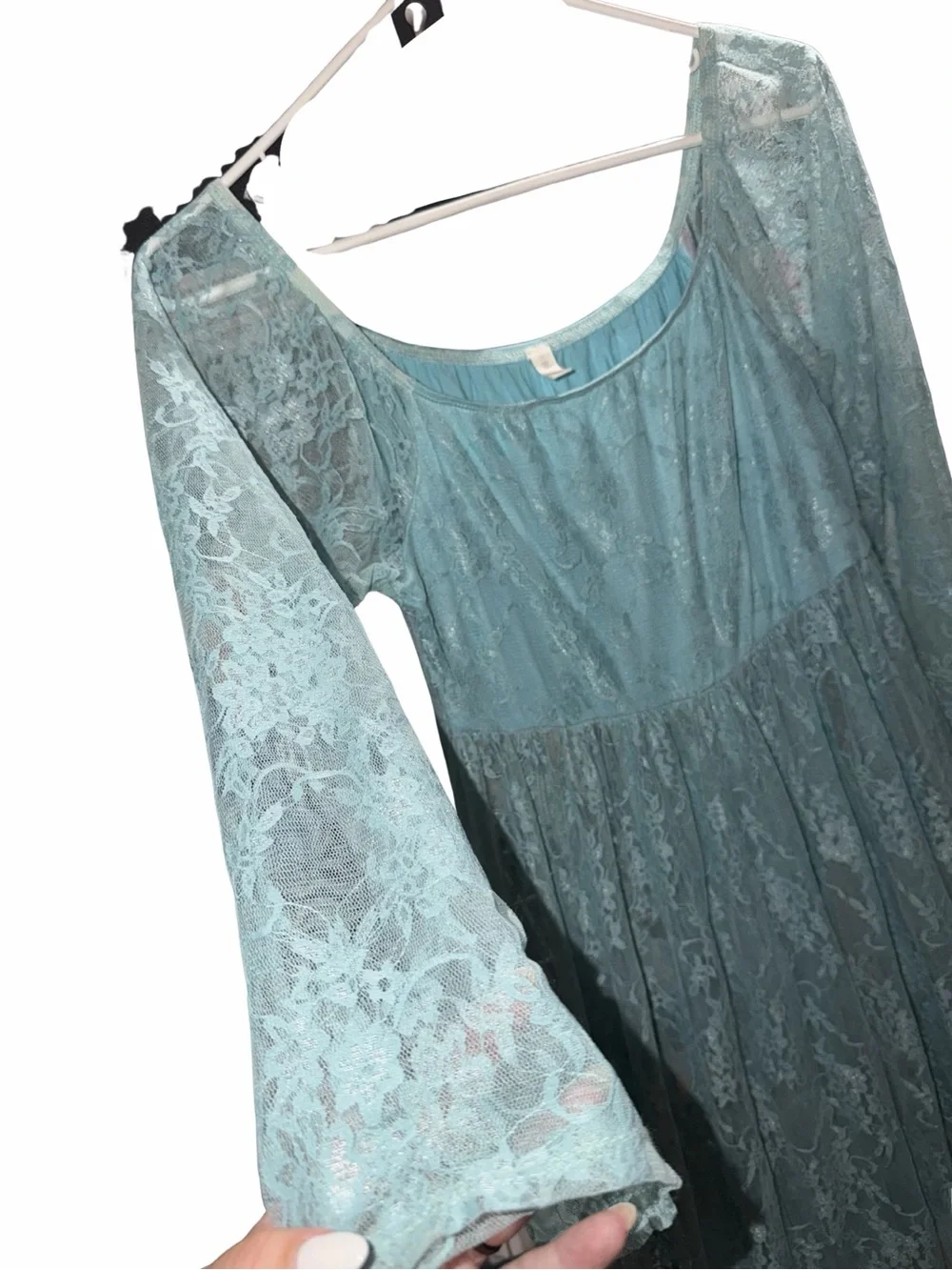 Pinkblush Light Blue Lace Maxi Dress with Long Sheer Sleeves - Picture 3 of 5